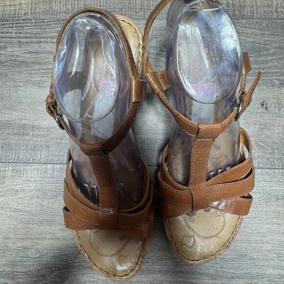 Born Brown Leather Strappy Cork Wedge Heel Sandals Women's Size 11 - Picture 2 of 7